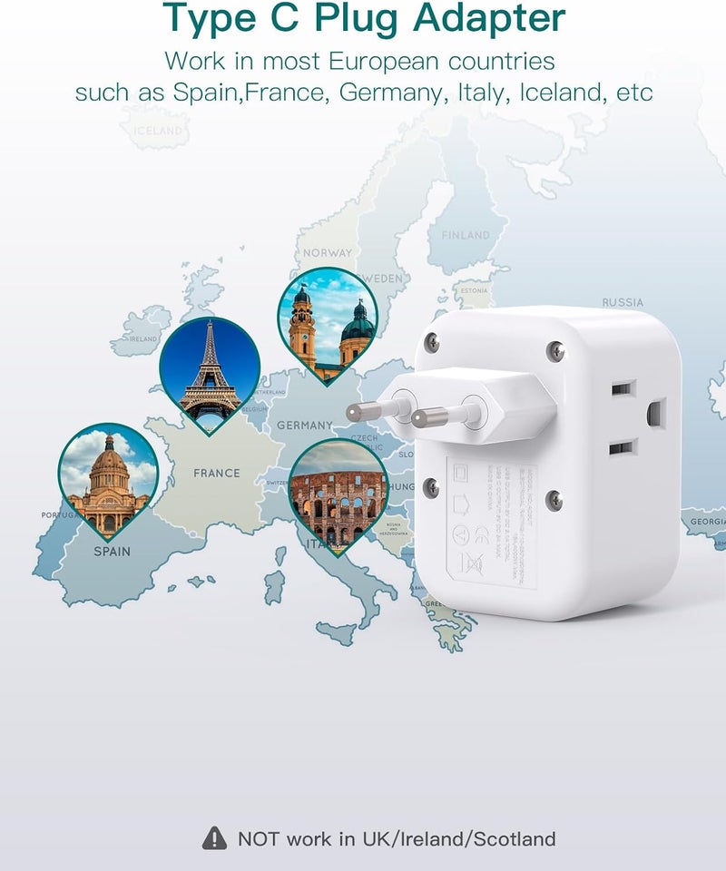 Addtam European Travel Plug Adapter, International Power Adapter with 3 Outlets 3 USB Charging Ports(2 USB C), Type C Adapter Travel Essentials to Most Europe EU Spain Italy France - Image 3